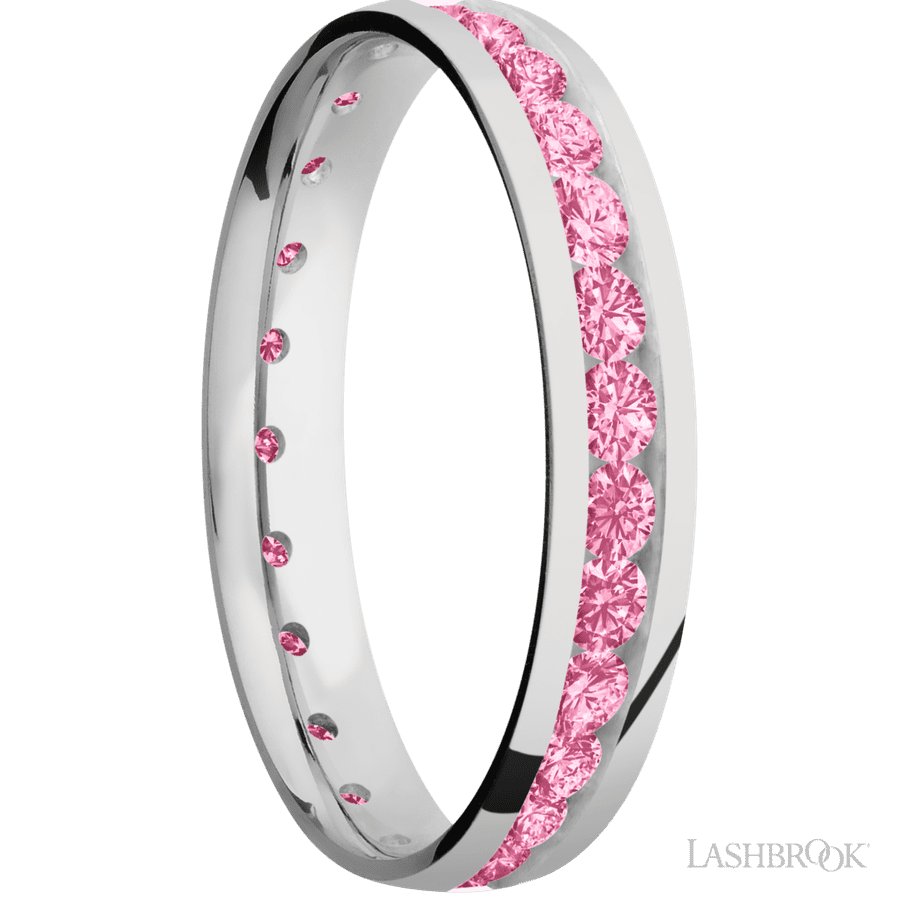 4 mm wide/Domed/Cobalt Chrome band with an Eternity arrangement of .07 carat Round Lab Dark Pink Diamond stones in a Channel setting. view 2