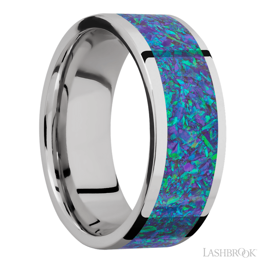 8 mm wide/Flat/Cobalt Chrome band with one 6 mm Centered inlay of Blue Green Opal. view 2