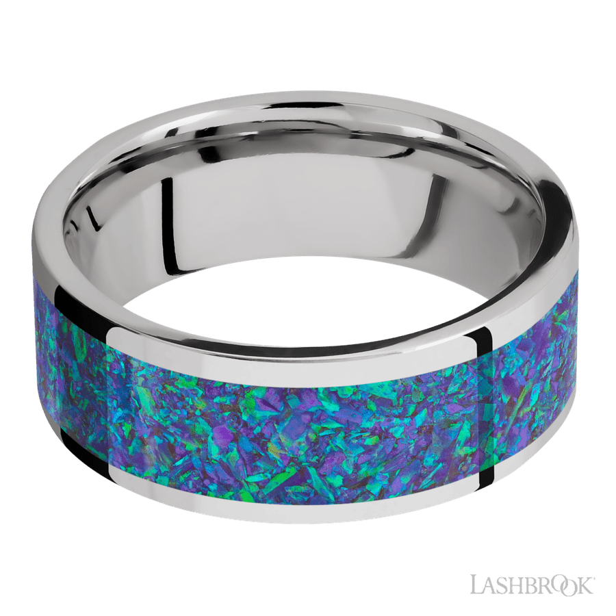 8 mm wide/Flat/Cobalt Chrome band with one 6 mm Centered inlay of Blue Green Opal. view 3