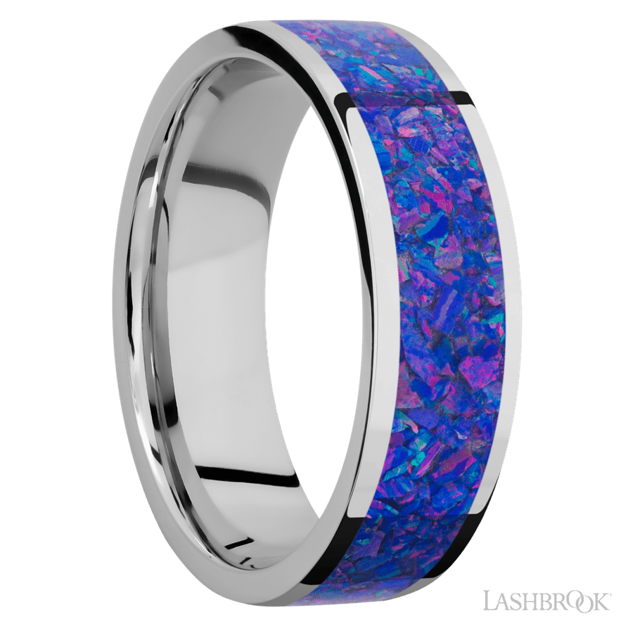 7 mm wide/Flat/Cobalt Chrome band with one 5 mm Centered inlay of Purple Opal. view 2