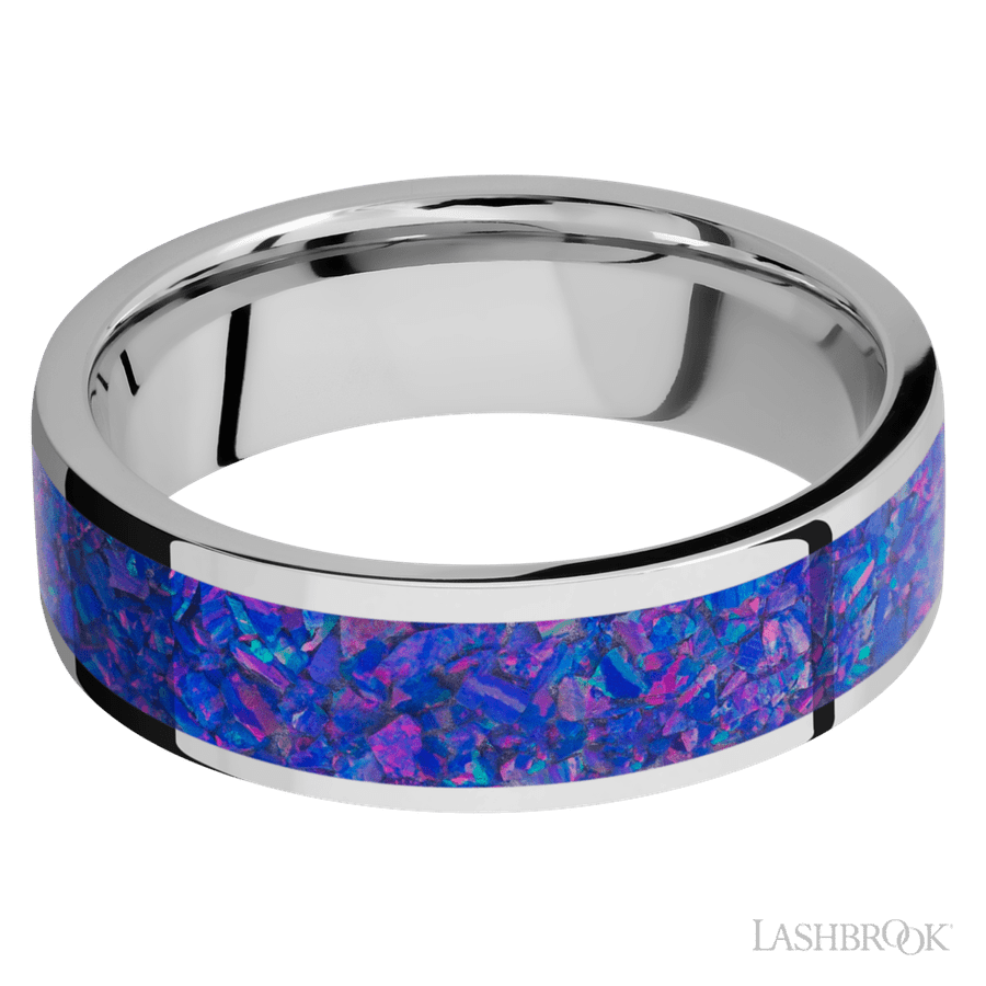 7 mm wide/Flat/Cobalt Chrome band with one 5 mm Centered inlay of Purple Opal. view 3