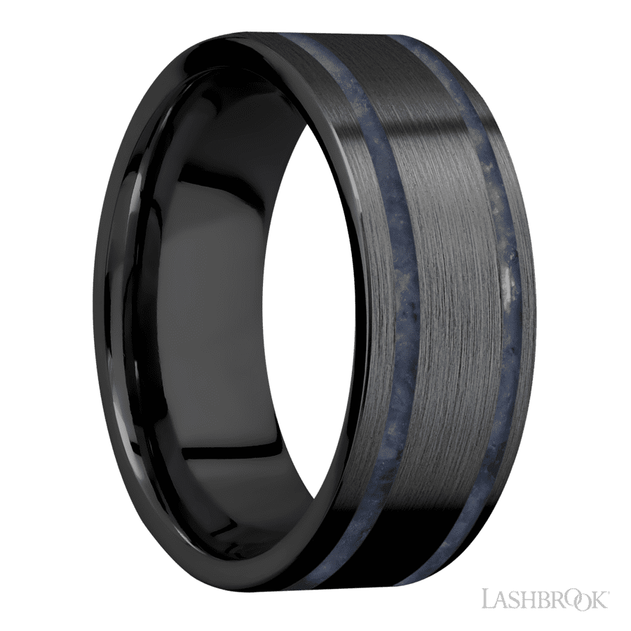 8 mm wide/Flat/Zirconium band with two 1 mm Wide inlays of Sodalite. view 2