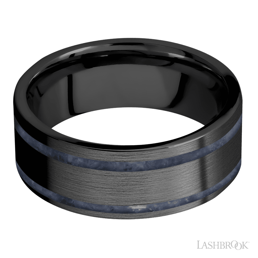 8 mm wide/Flat/Zirconium band with two 1 mm Wide inlays of Sodalite. view 3