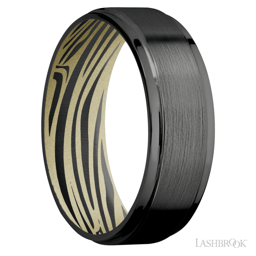 7 mm wide Flat Grooved Edges Zirconium band featuring a Bright Nickel sleeve. view 2