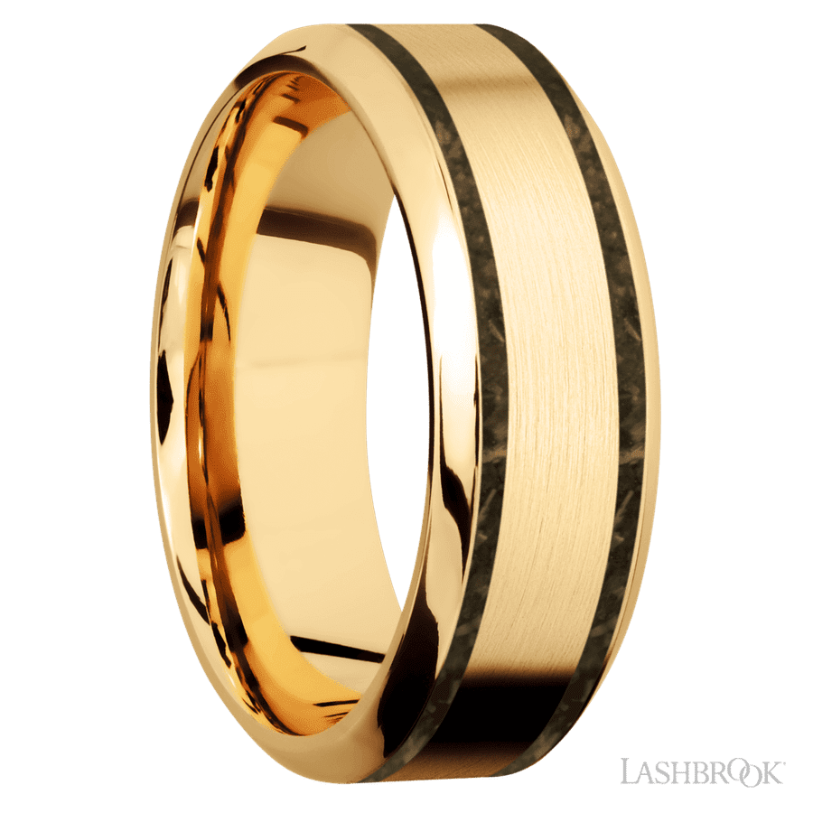 8 mm wide/High Bevel/14K Yellow Gold band with two 1 mm Wide inlays of Gold Tiger Eye. view 2