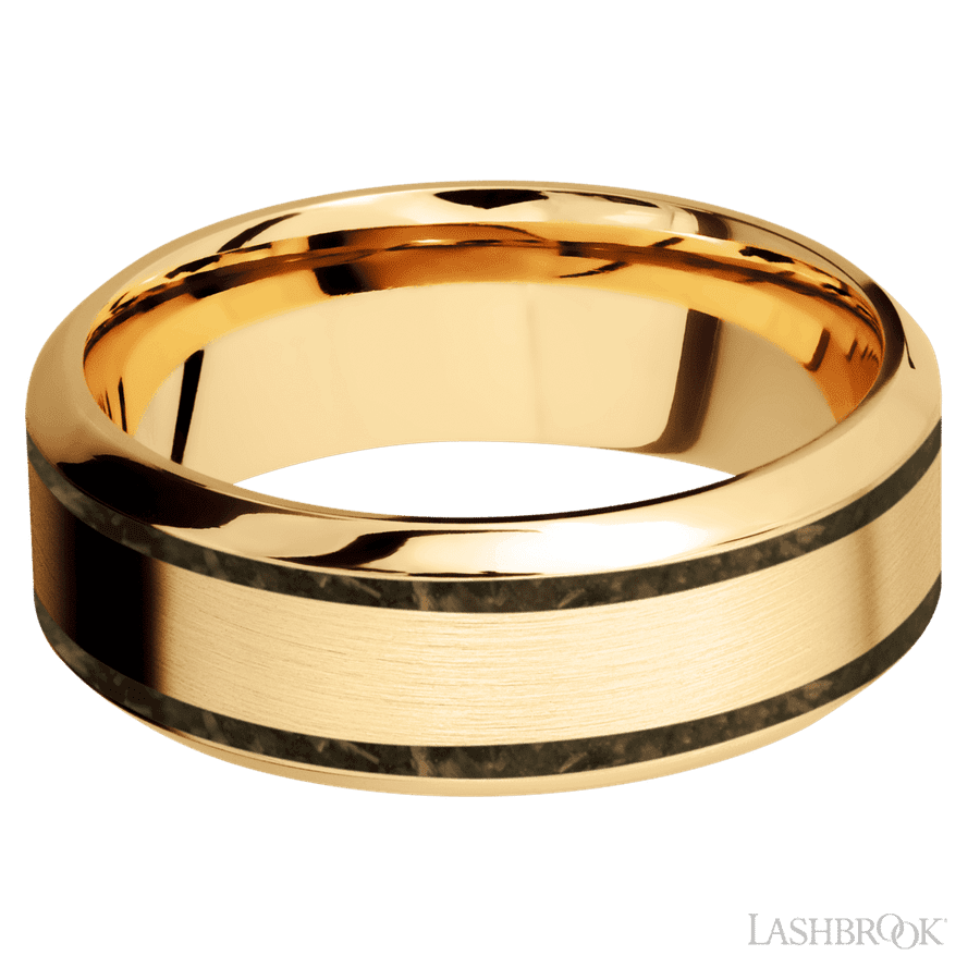 8 mm wide/High Bevel/14K Yellow Gold band with two 1 mm Wide inlays of Gold Tiger Eye. view 3