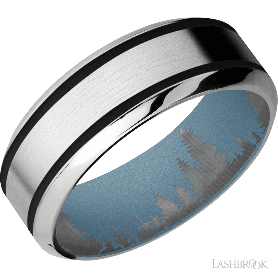 8 Mm Wide/high Bevel/cobalt Chrome Band With Two 1 Mm Wide Inlays Of Black Also Featuring A Polar Blue Sleeve.