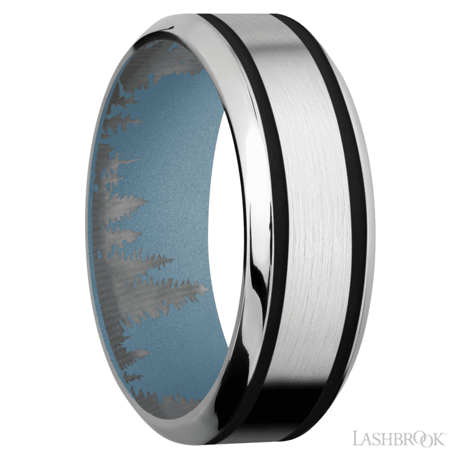 8 mm wide/High Bevel/Cobalt Chrome band with two 1 mm Wide inlays of Black also featuring a Polar Blue sleeve. view 2