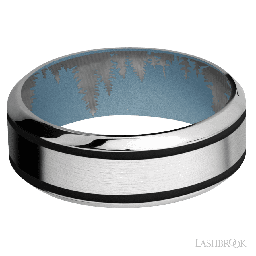 8 mm wide/High Bevel/Cobalt Chrome band with two 1 mm Wide inlays of Black also featuring a Polar Blue sleeve. view 3