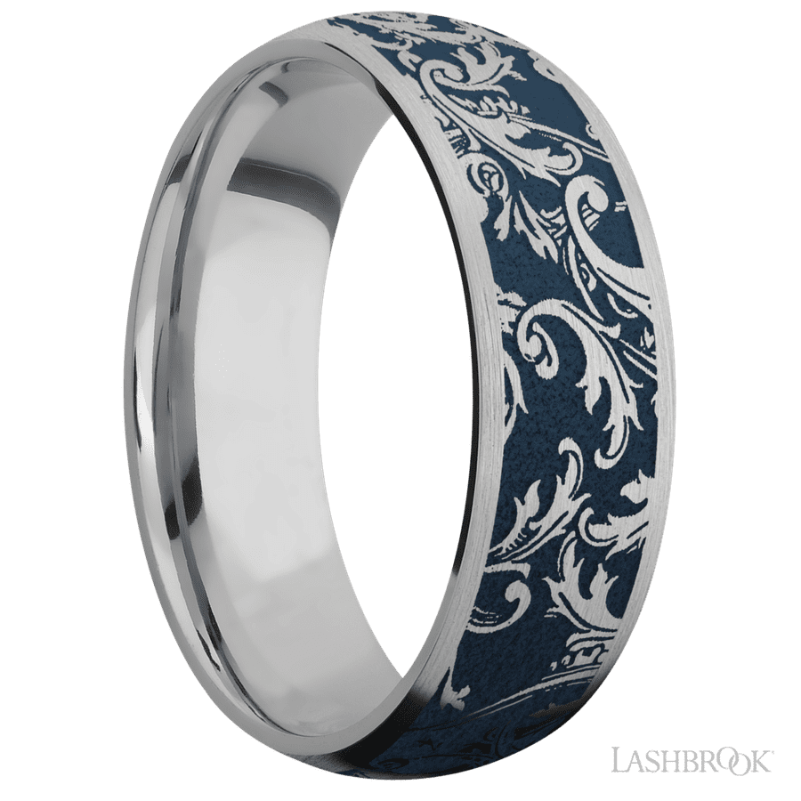 7 mm wide/Domed/Titanium band with a laser carved Black Leaf pattern. view 2