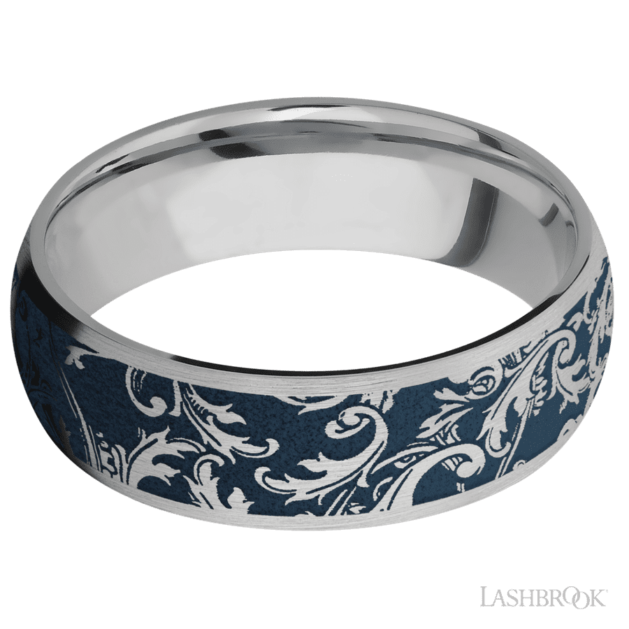 7 mm wide/Domed/Titanium band with a laser carved Black Leaf pattern. view 3