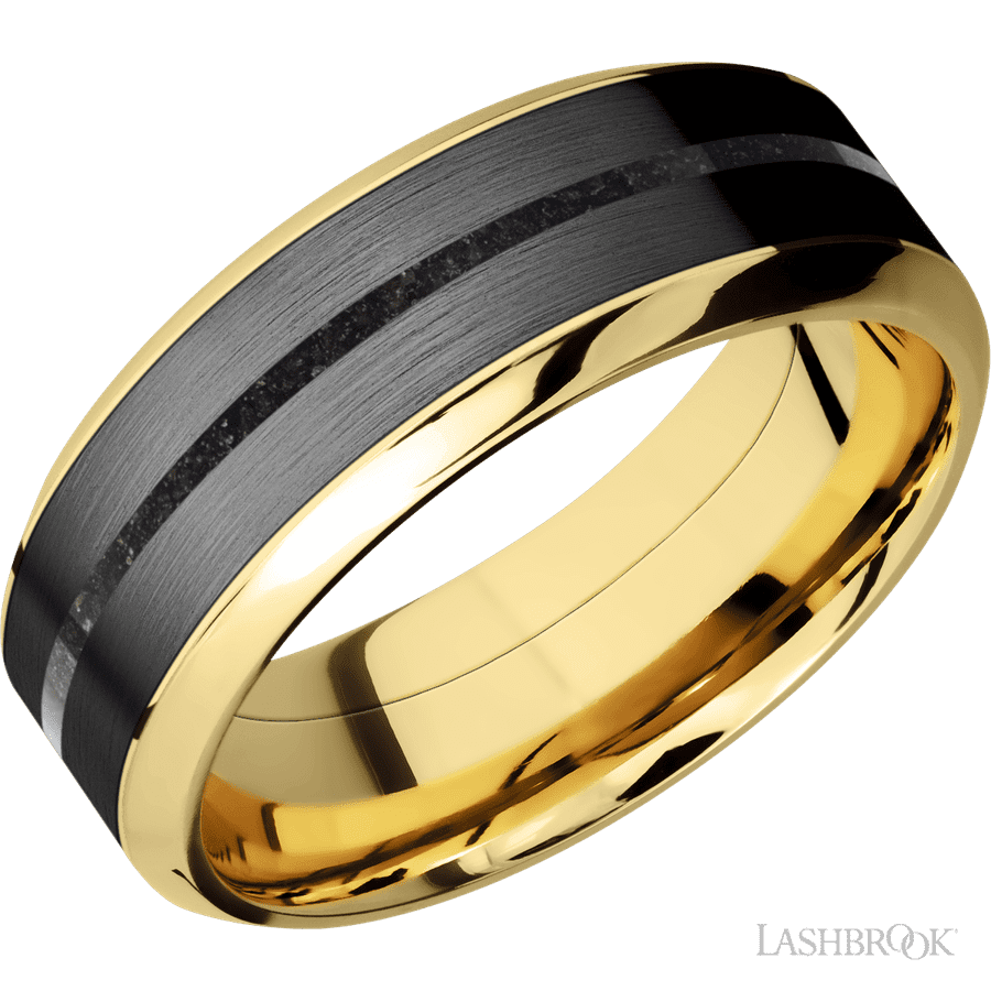 8 Mm Wide/high Bevel/14k Yellow Gold Band Featuring Inlays Of Zirconium And Dinosaur Bone Black.