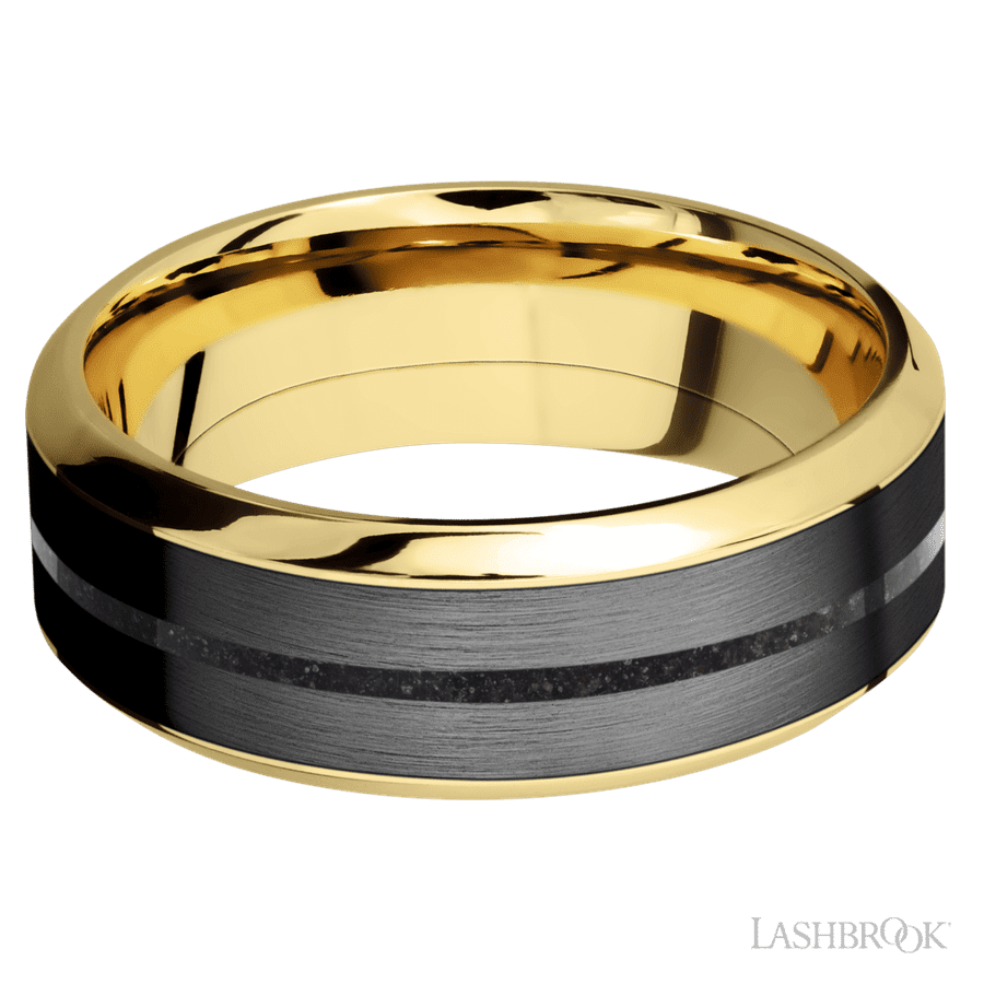 8 Mm Wide/high Bevel/14k Yellow Gold Band Featuring Inlays Of Zirconium And Dinosaur Bone Black.