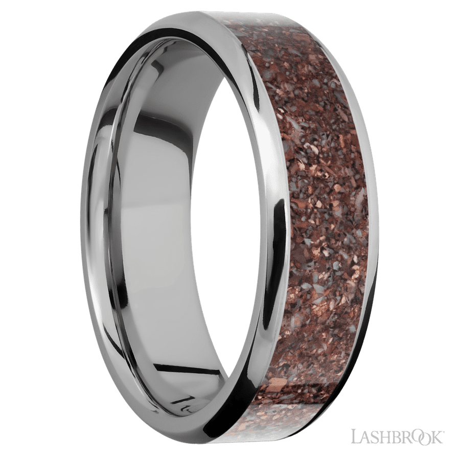 7 mm wide/Beveled/Titanium band with one 5 mm Centered inlay of Dinosaur Bone Mixed. view 2