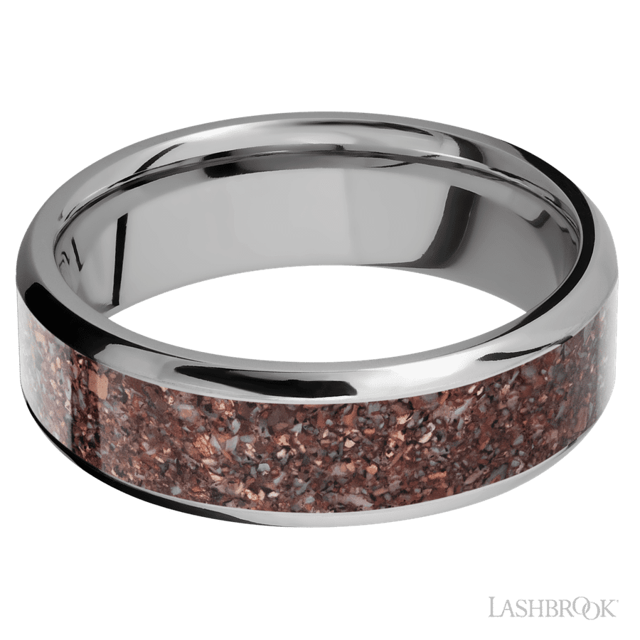 7 mm wide/Beveled/Titanium band with one 5 mm Centered inlay of Dinosaur Bone Mixed. view 3