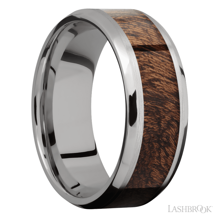 8 mm wide/Beveled/Titanium band with one 5 mm Centered inlay of Sapele. view 2