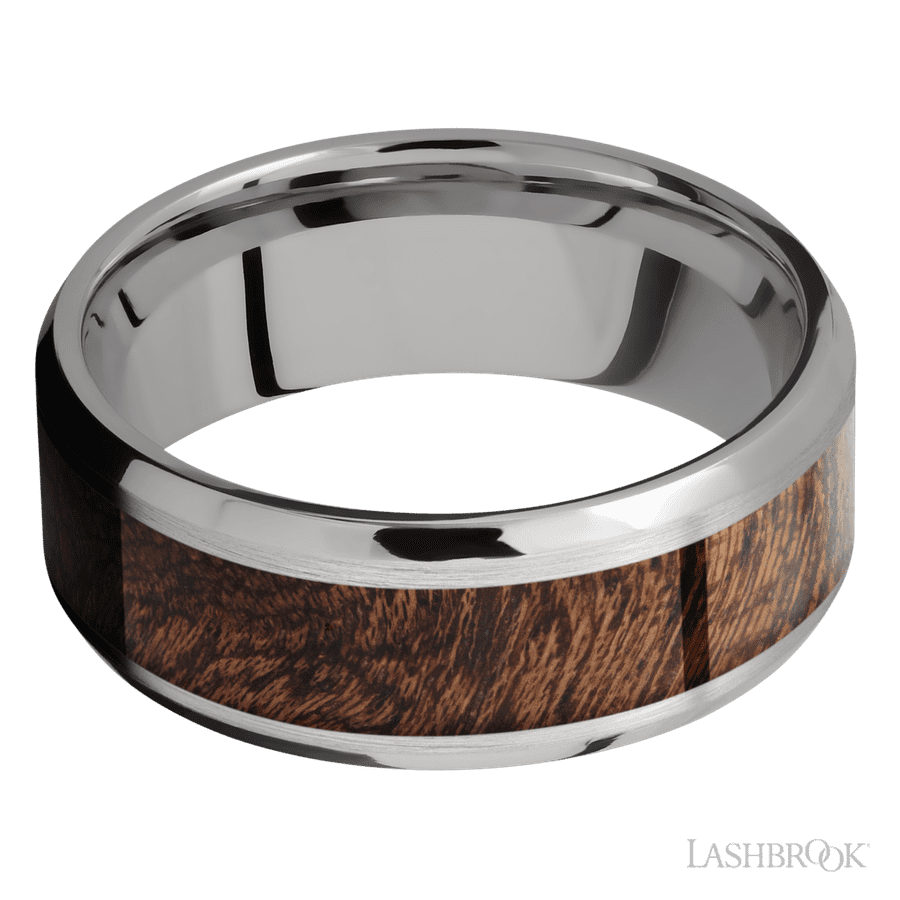 8 mm wide/Beveled/Titanium band with one 5 mm Centered inlay of Sapele. view 3