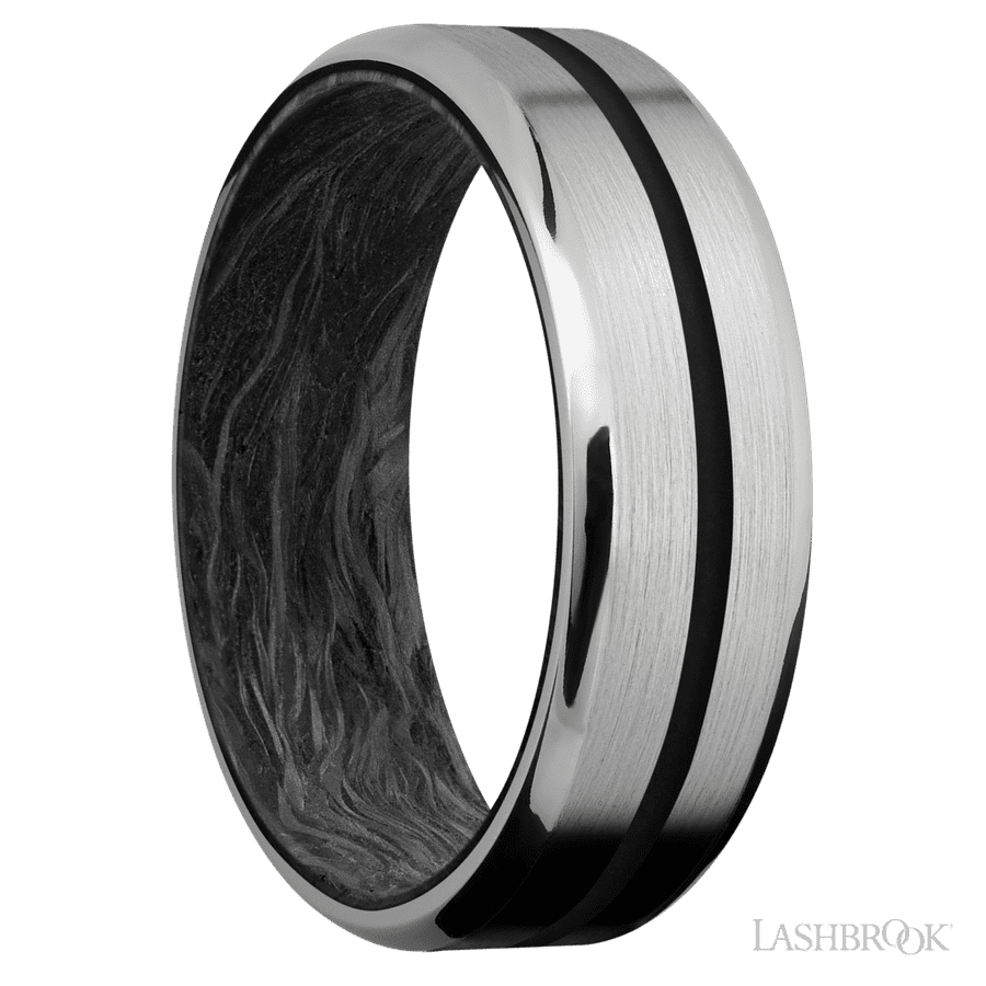 7 mm wide/Beveled/Titanium band with one 1 mm Centered inlay of Black also featuring a Forged Carbon Fiber sleeve. view 2