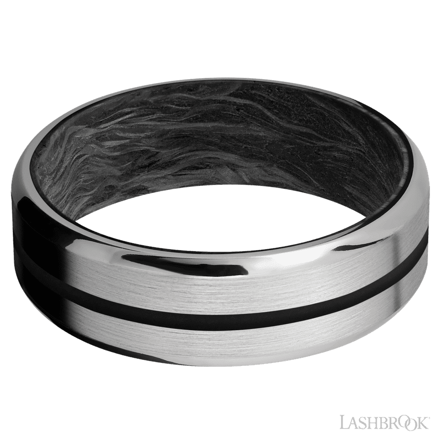 7 mm wide/Beveled/Titanium band with one 1 mm Centered inlay of Black also featuring a Forged Carbon Fiber sleeve. view 3