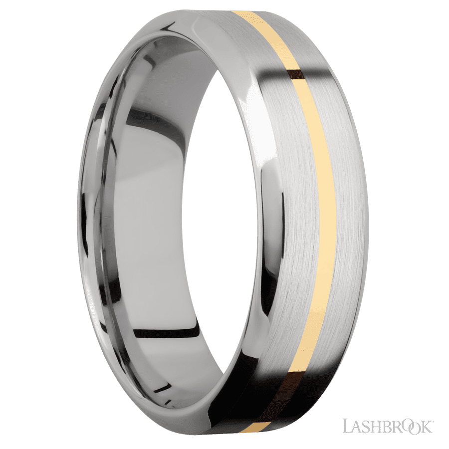7 mm wide/High Bevel/14K White Gold band with one 1 mm Centered inlay of 14K Yellow Gold. view 2