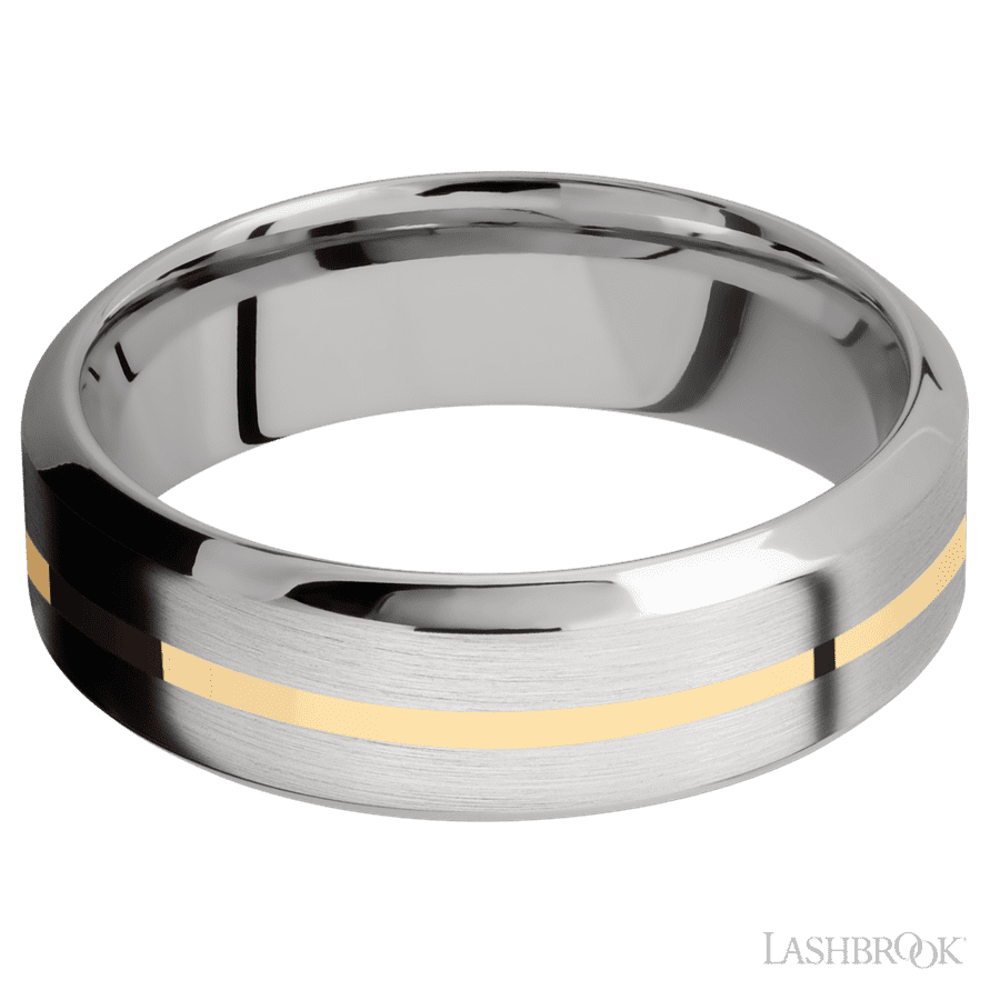 7 mm wide/High Bevel/14K White Gold band with one 1 mm Centered inlay of 14K Yellow Gold. view 3
