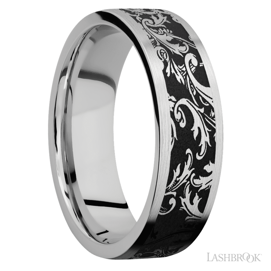 7 mm wide/Flat/Cobalt Chrome band with a laser carved Black Leaf pattern. view 2