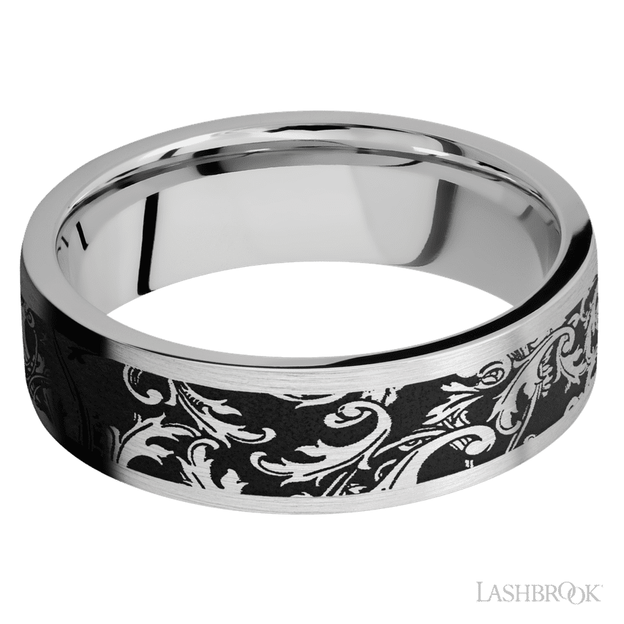 7 mm wide/Flat/Cobalt Chrome band with a laser carved Black Leaf pattern. view 3