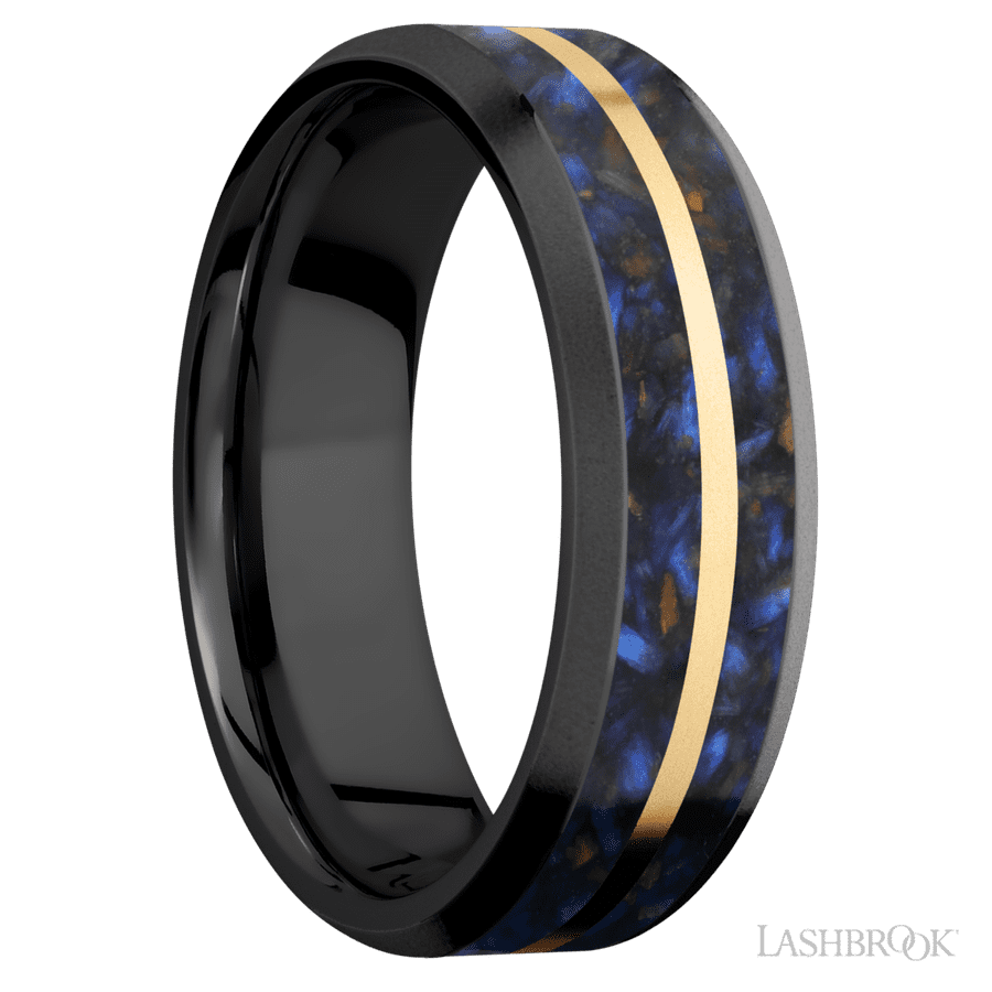 7 mm wide/Beveled/Zirconium band featuring inlays of Blue Tiger Eye and 14K Yellow Gold. view 2