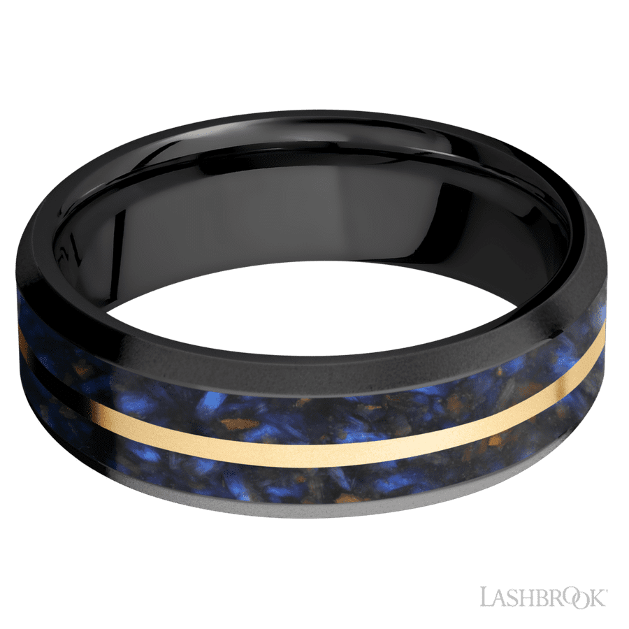 7 mm wide/Beveled/Zirconium band featuring inlays of Blue Tiger Eye and 14K Yellow Gold. view 3