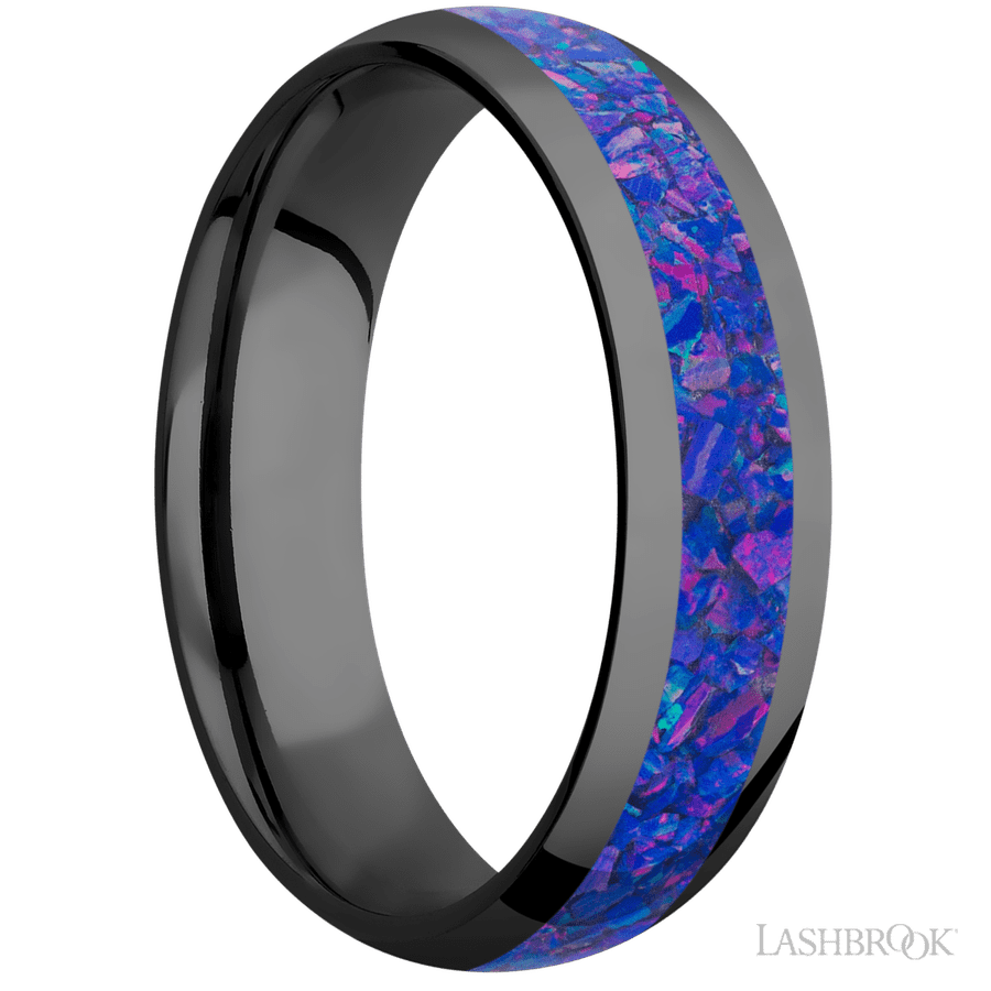 6 mm wide/Domed/Zirconium band with one 3 mm Centered inlay of Purple Opal. view 2