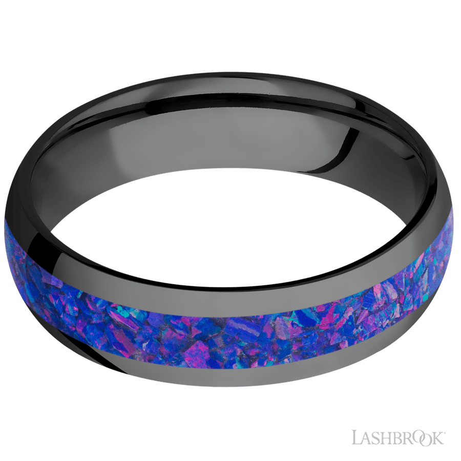 6 mm wide/Domed/Zirconium band with one 3 mm Centered inlay of Purple Opal. view 3