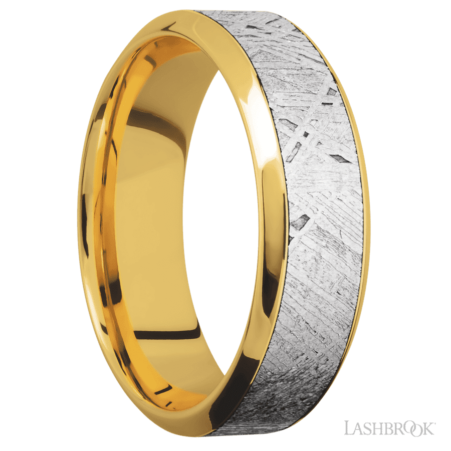 7 mm wide/High Bevel/18K Yellow Gold band with one 4 mm Centered inlay of Meteorite. view 2