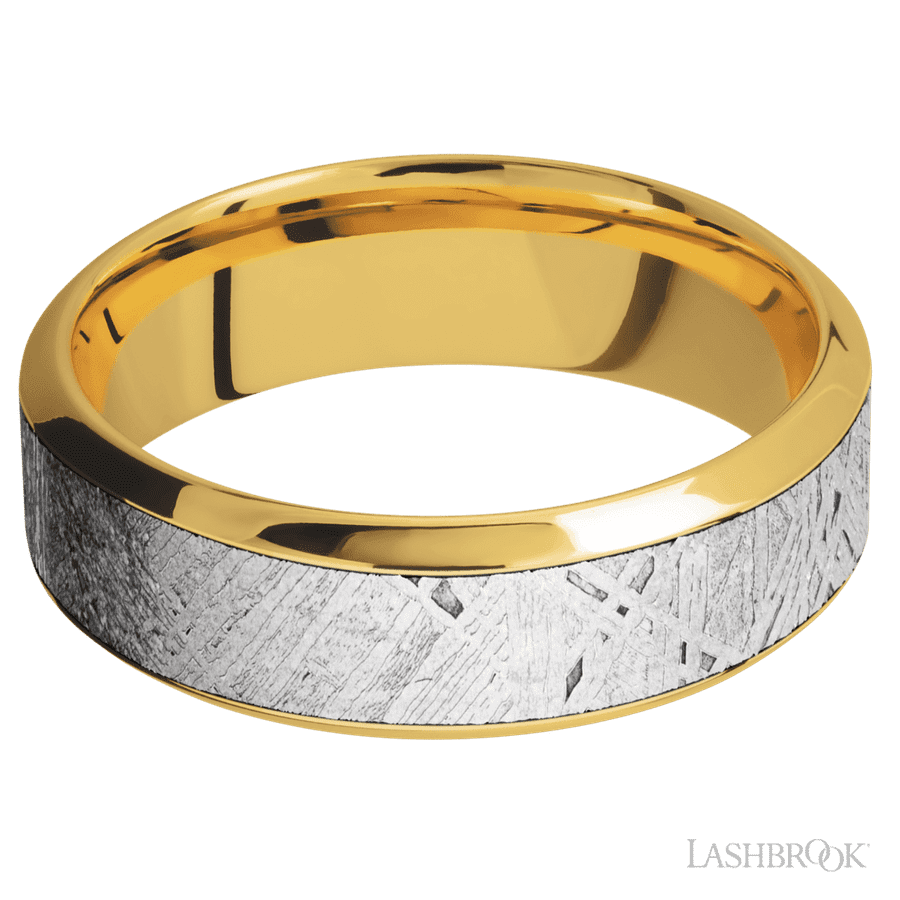 7 mm wide/High Bevel/18K Yellow Gold band with one 4 mm Centered inlay of Meteorite. view 3