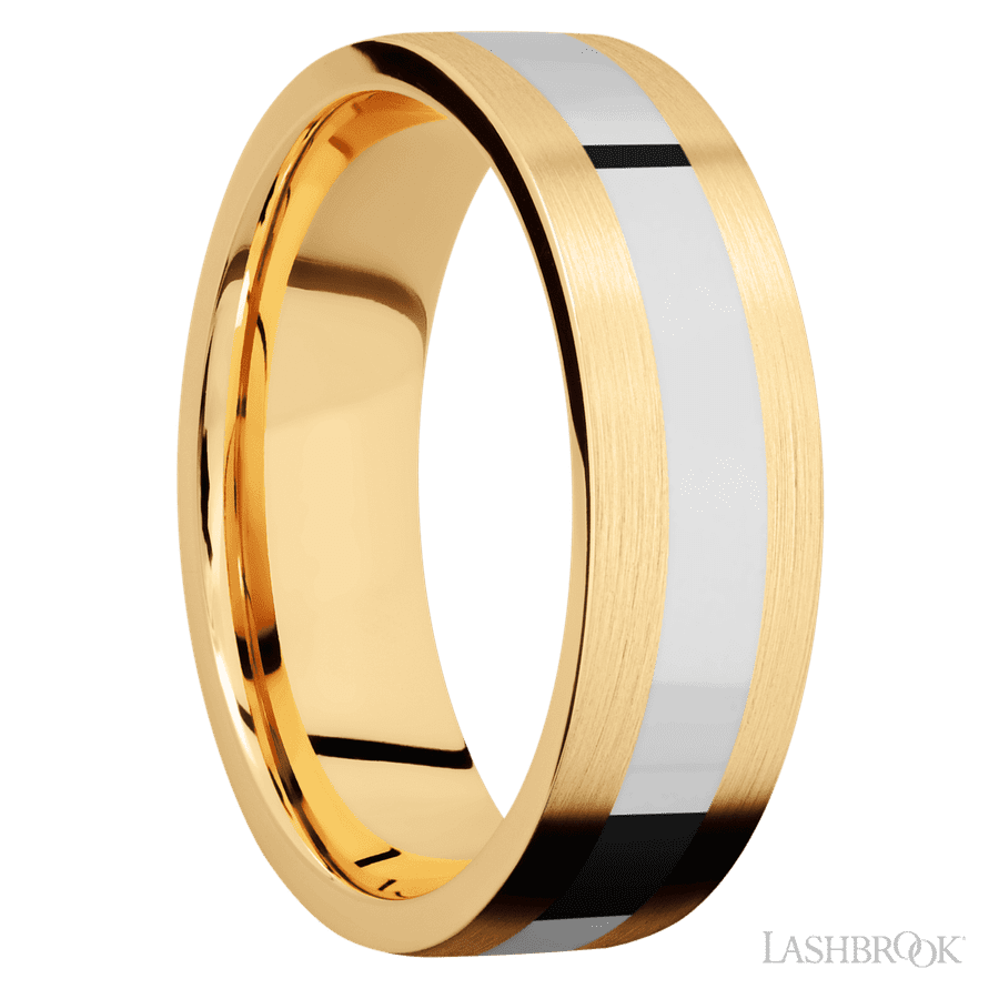 7 mm wide/Flat/14K Yellow Gold band with one 3 mm Centered inlay of 14K White Gold. view 2