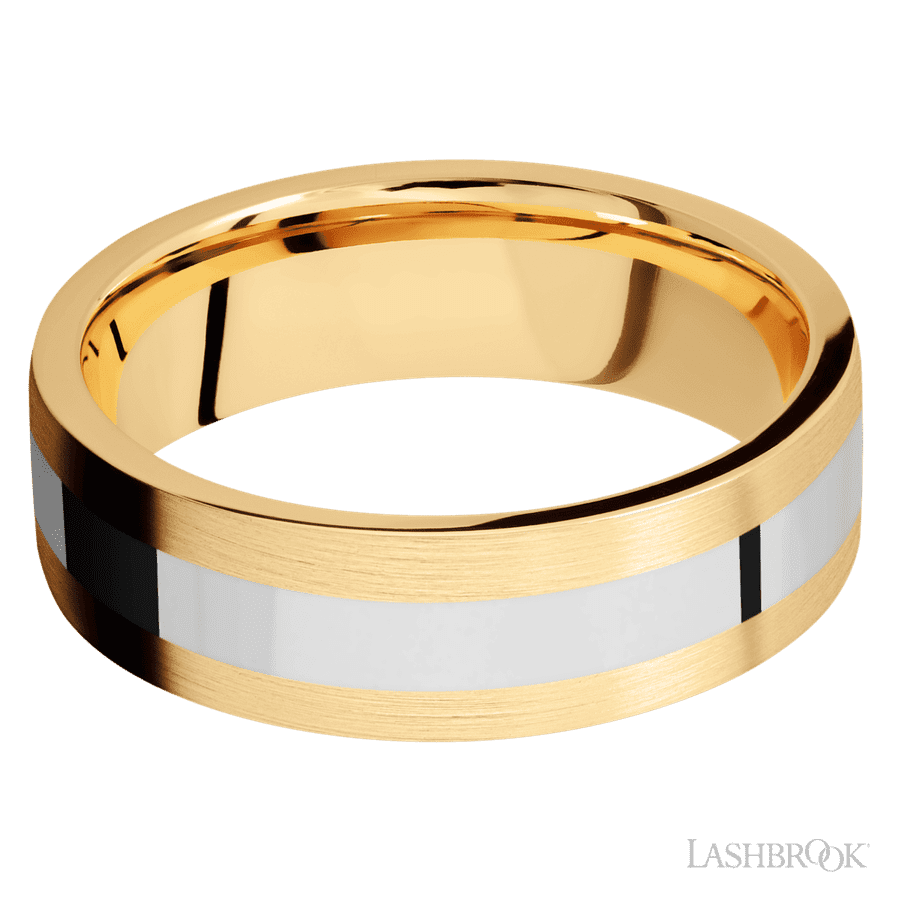 7 mm wide/Flat/14K Yellow Gold band with one 3 mm Centered inlay of 14K White Gold. view 3