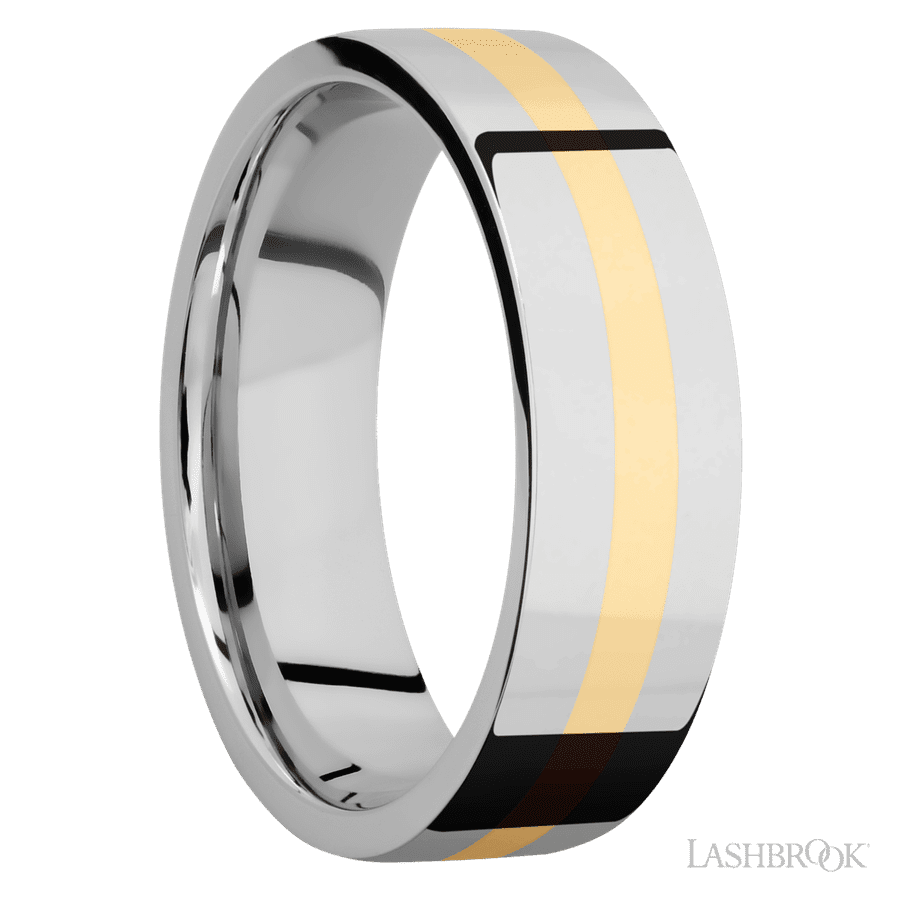 7 mm wide/Flat/14K White Gold band with one 2 mm Centered inlay of 14K Yellow Gold. view 2