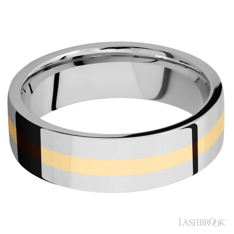 7 mm wide/Flat/14K White Gold band with one 2 mm Centered inlay of 14K Yellow Gold. view 3