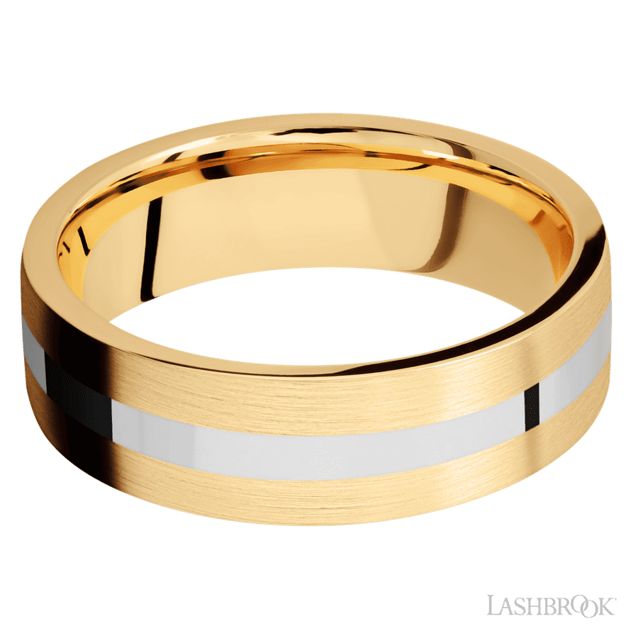 7 mm wide/Flat/14K Yellow Gold band with one 2 mm Centered inlay of 14K White Gold. view 3