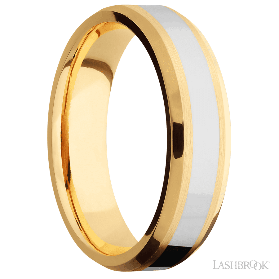 6 mm wide/Beveled/14K Yellow Gold band with one 3 mm Centered inlay of 14K White Gold. view 2