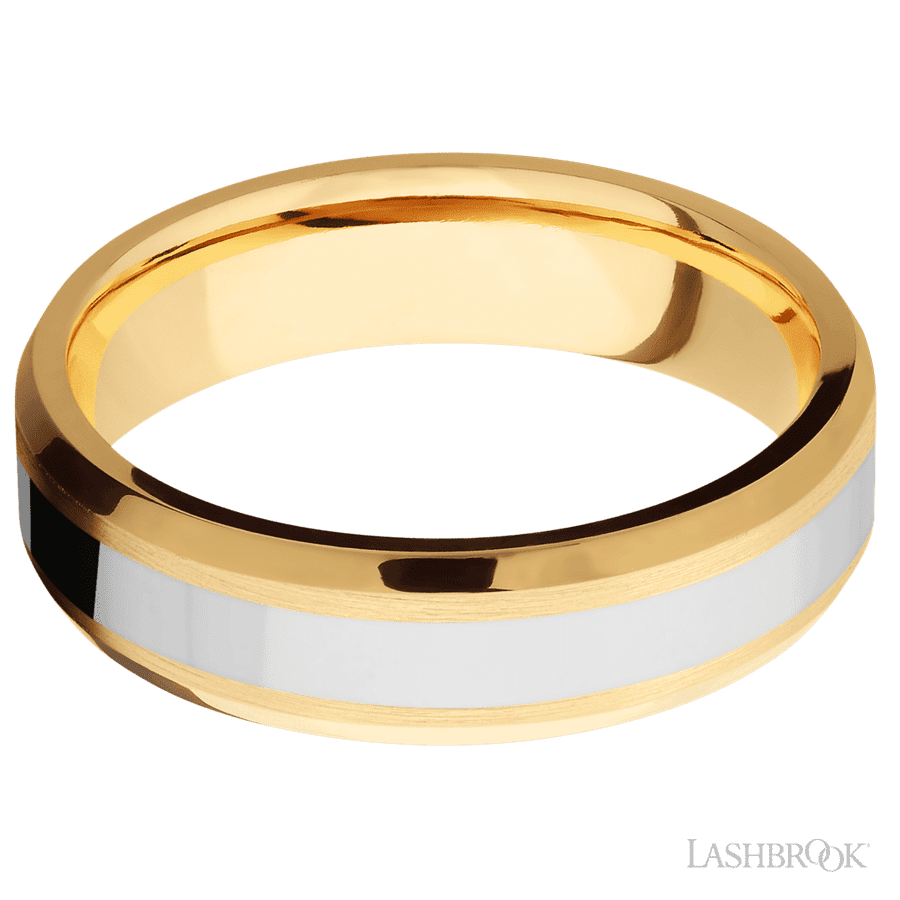 6 mm wide/Beveled/14K Yellow Gold band with one 3 mm Centered inlay of 14K White Gold. view 3