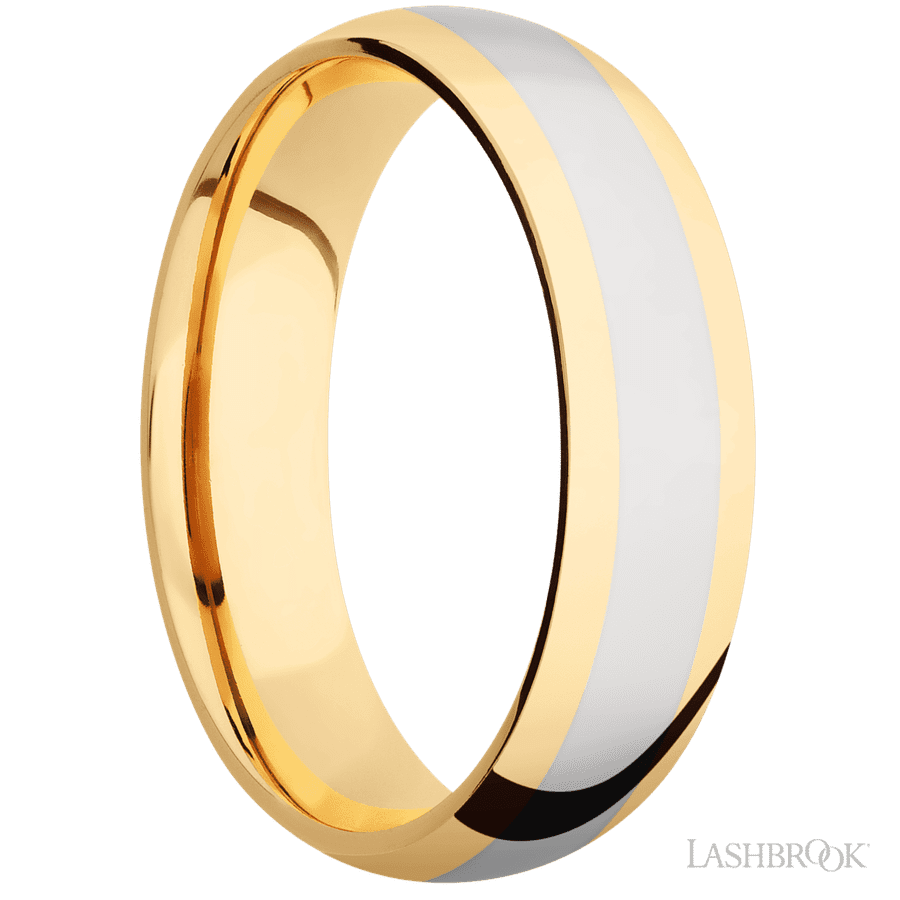 6 mm wide/Domed/14K Yellow Gold band with one 3 mm Centered inlay of 14K White Gold. view 2