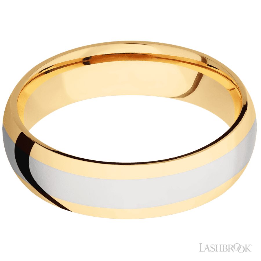 6 mm wide/Domed/14K Yellow Gold band with one 3 mm Centered inlay of 14K White Gold. view 3