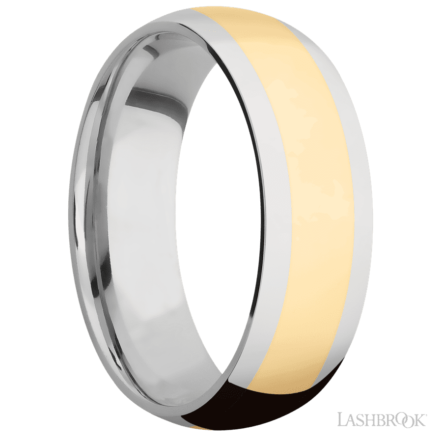 7 mm wide/Domed/14K White Gold band with one 4 mm Centered inlay of 14K Yellow Gold. view 2