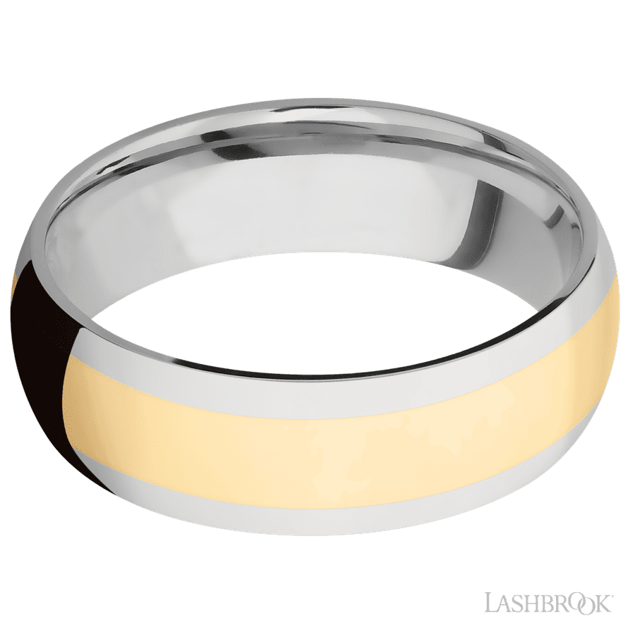 7 mm wide/Domed/14K White Gold band with one 4 mm Centered inlay of 14K Yellow Gold. view 3