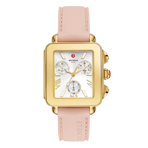 Michele Deco Sport Chronograph 18K Gold-Plated Ballet Pink Silicone Watch MWW06K000072