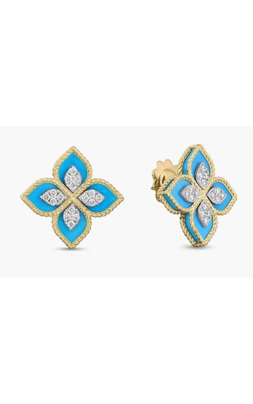 Yellow 18K Roberto Coin Venetian Princess Diamond and Turquoise Flower Stud Earrings With 0.35Ctw G-H/SI Round Diamonds and 5.70Ctw Turquoise