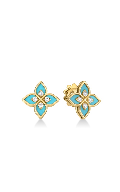 Roberto Coin Yellow 18 Karat Venetian Princess Diamond & Cyan Enamel Flower Stud Earrings With 8 = 0.17Tw Round G/H Si Diamonds