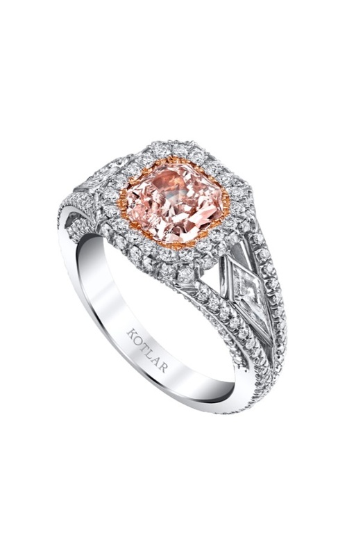 Harry Kotlar Platinum & 18K Rose Engagement Ring Size 5.5 With One = 1.33Ct Radiant Fancy Orangy Pink Si1 Diamond, 2 = 0.29Tw Kite G Vs1 Diamonds And 0.77 Twt Other Stones