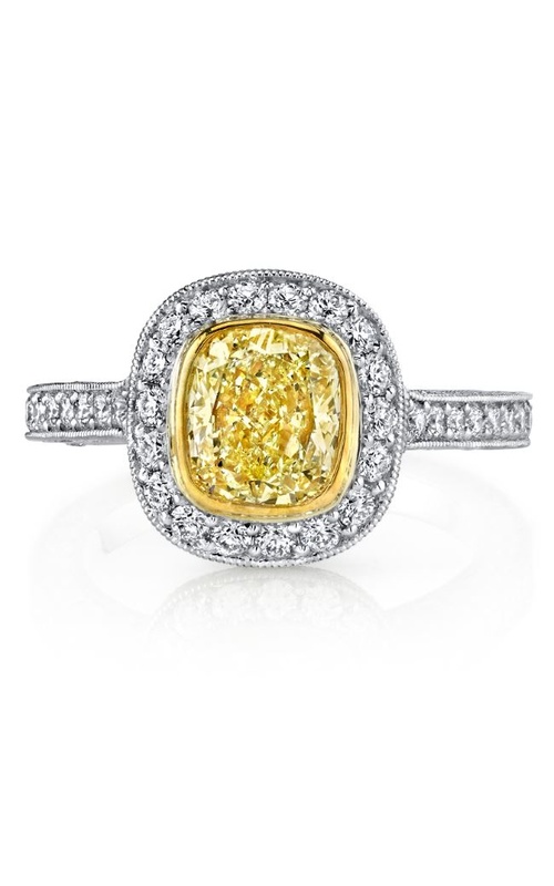 Harry Kotlar Platinum & 18KY Luca Pave Bezel Engagement Ring Size 6 With One = 1.40Ct Cushion Fancy Light Yellow Diamond And 1.42Tw Round G Vs1 Diamonds