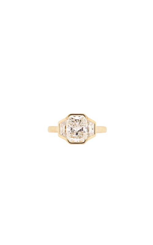 18k yellow gold 3 stone bezel diamond engagement ring with one 2.05ct J VS2 radiant diamond and 2=0.47ctw H/I SI1 trapezoid diamonds